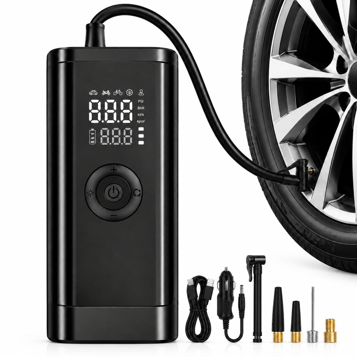 Elektrische Bandenpomp 12V - Luchtcompressor met Digitaal Display - Automatische Stopfunctie - Voor Auto Fiets Motor en Ballen