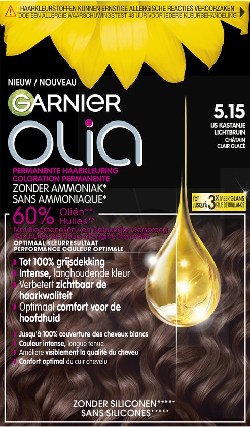 Coloration permanente Garnier Olia 5.15 Châtain Clair Glacé, avec 60% d'huiles et jusqu'à 100% de couverture des cheveux blancs.