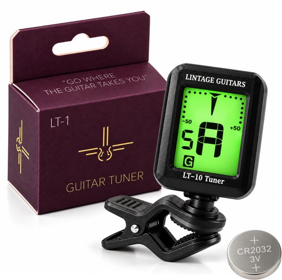Lintage Guitars LT-10 tuner met clip en CR2032-batterij naast de donkerpaarse verpakking.