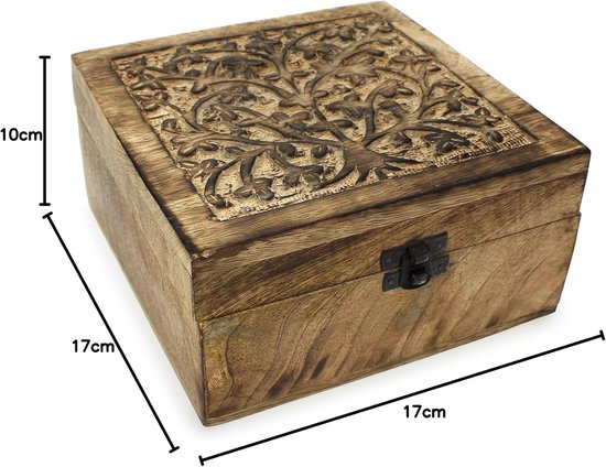 Doos schatulle houten kistje India 17x17x10 cm, hout bruin houtsnijwerk, schatkistje sieradenkist met klapdeksel kist doos — afbeelding 2