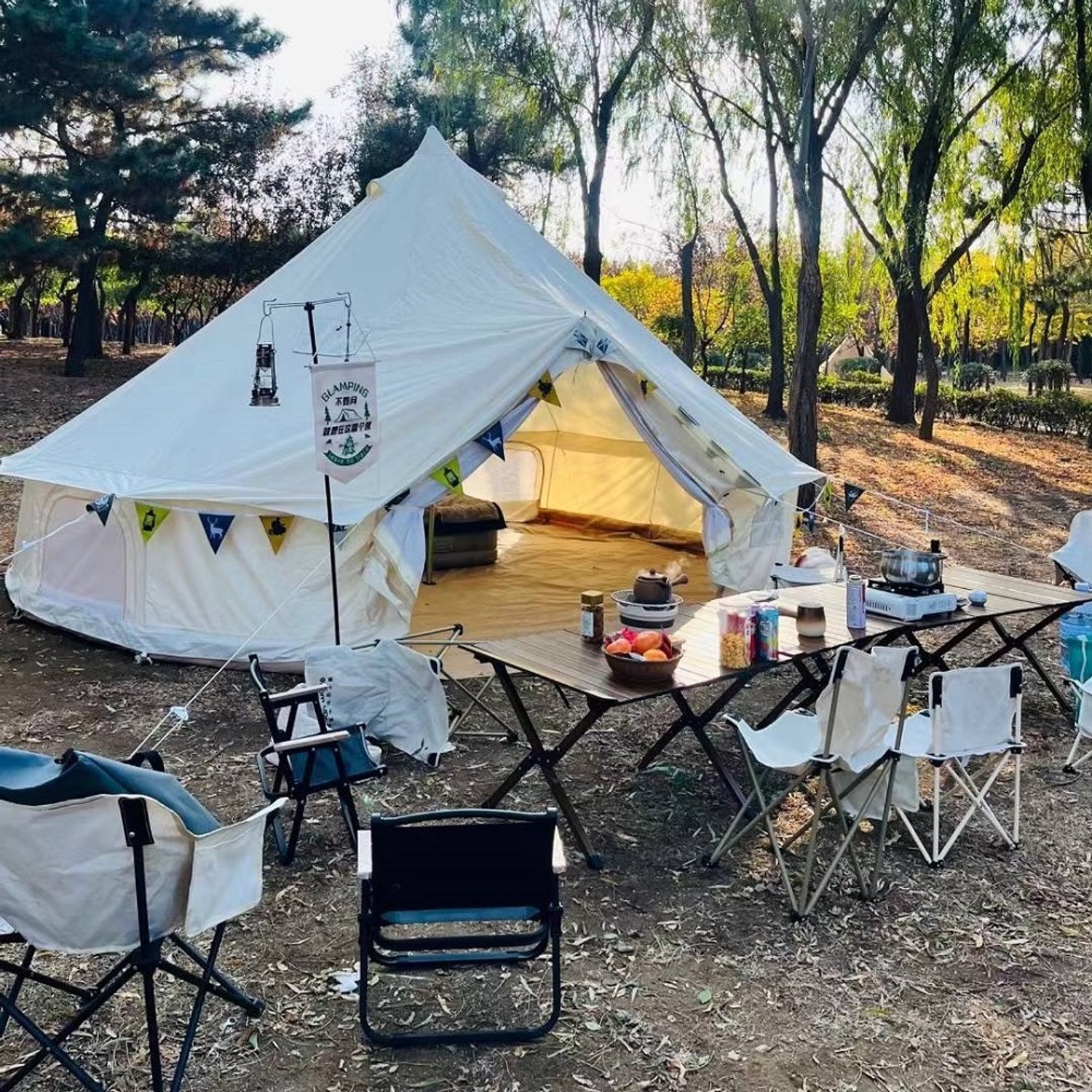 5m 900D Oxford Bell‑tent Luxe Glamping Tent Off‑wit, Dubbele Schoorsteenopening