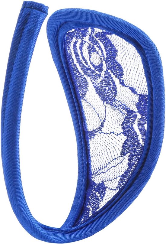 Blauwe C-string met bloemmotief in kant en een gladde, elastische rand.