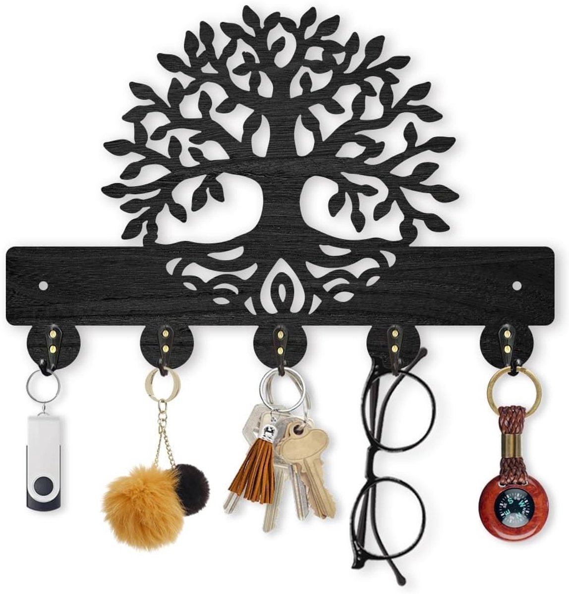 Houten Boom des Levens Sleutelhanger Haak Wandmontage met Botanisch Thema en 5 Alliage Haken voor Entree, Slaapkamer en Woonkamer - 30x20cm Decoratie