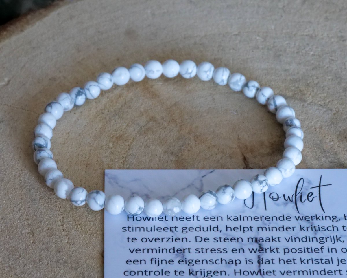 Howliet Armband 4mm - Edelstenen - Perfect cadeau voor mannen en vrouwen - Inclusief uitleg - Spiritueel - howlite - ambitie - logica - vindingrijk - focus - 100% NATUURLIJK