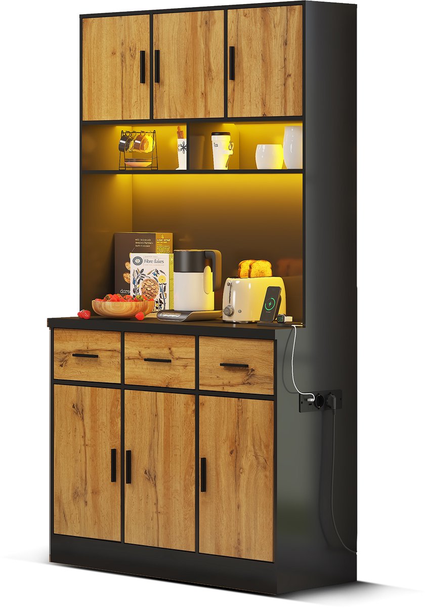 Ropilly Keukenkast met stopcontact - Ruime opbergruimte met lades - Buffetkast met led verlichting - Voor keuken en eetkamer - 100x40x180cm Zwart Zwart+Naturel