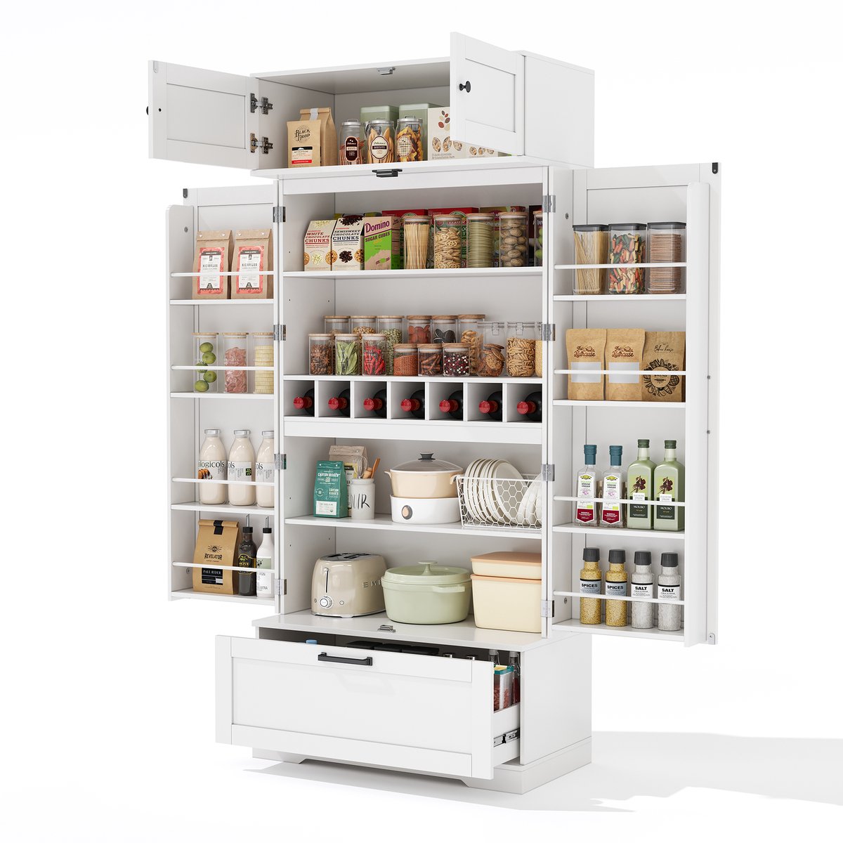 Ropilly Vrijstaande Witte Keukenkast - Ruime Opbergkast Met Verstelbare Planken En Wijnrek - Industrieel Design - Voor Eetkamer En Keuken - 80x40x180 cm Wit