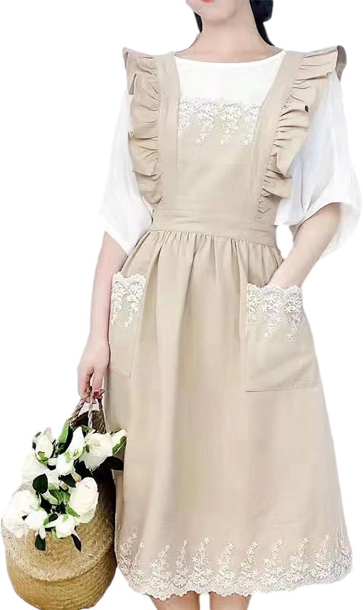 Schort - Keukenschort - keukenschort dames - 1 stuk - verfschort - keukenschorten - keukenschort vrouw - Beige - tuinschort - met Zakken - Geschikt voor Barbecue, Restaurant, Tuin