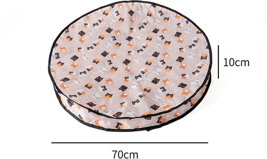 Ronde speelmat van 70 cm met een lichtroze ondergrond en een patroon van spelende katten in oranje, zwart en wit.