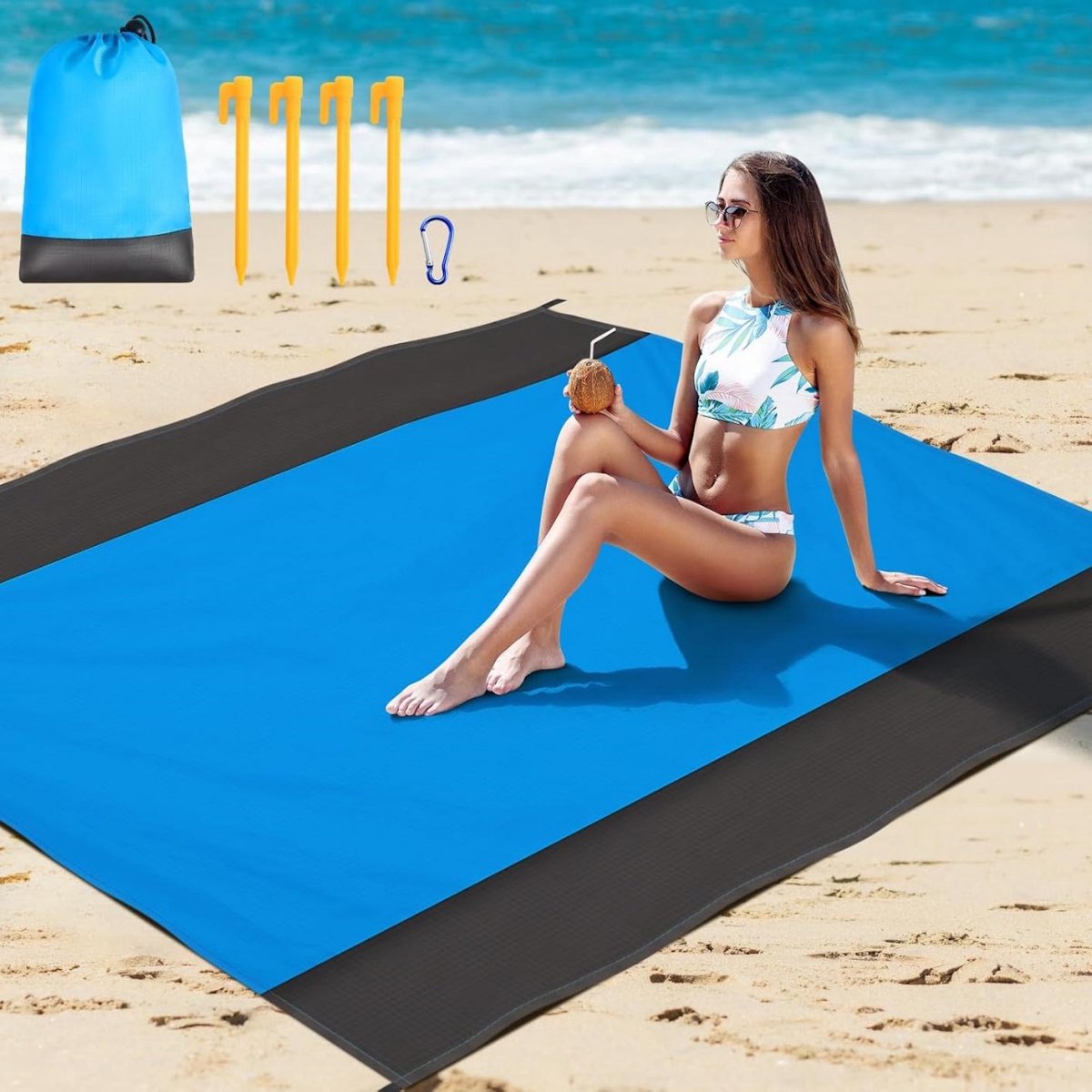 SSTRWGOOD Strandlaken - 210x200cm - Zandvrije strandhanddoek - Picknickkleed - Lichtgewicht zandbestendige strandmat - Geschikt voor strand, kamperen, picknicks en buitenactiviteiten - Blauw