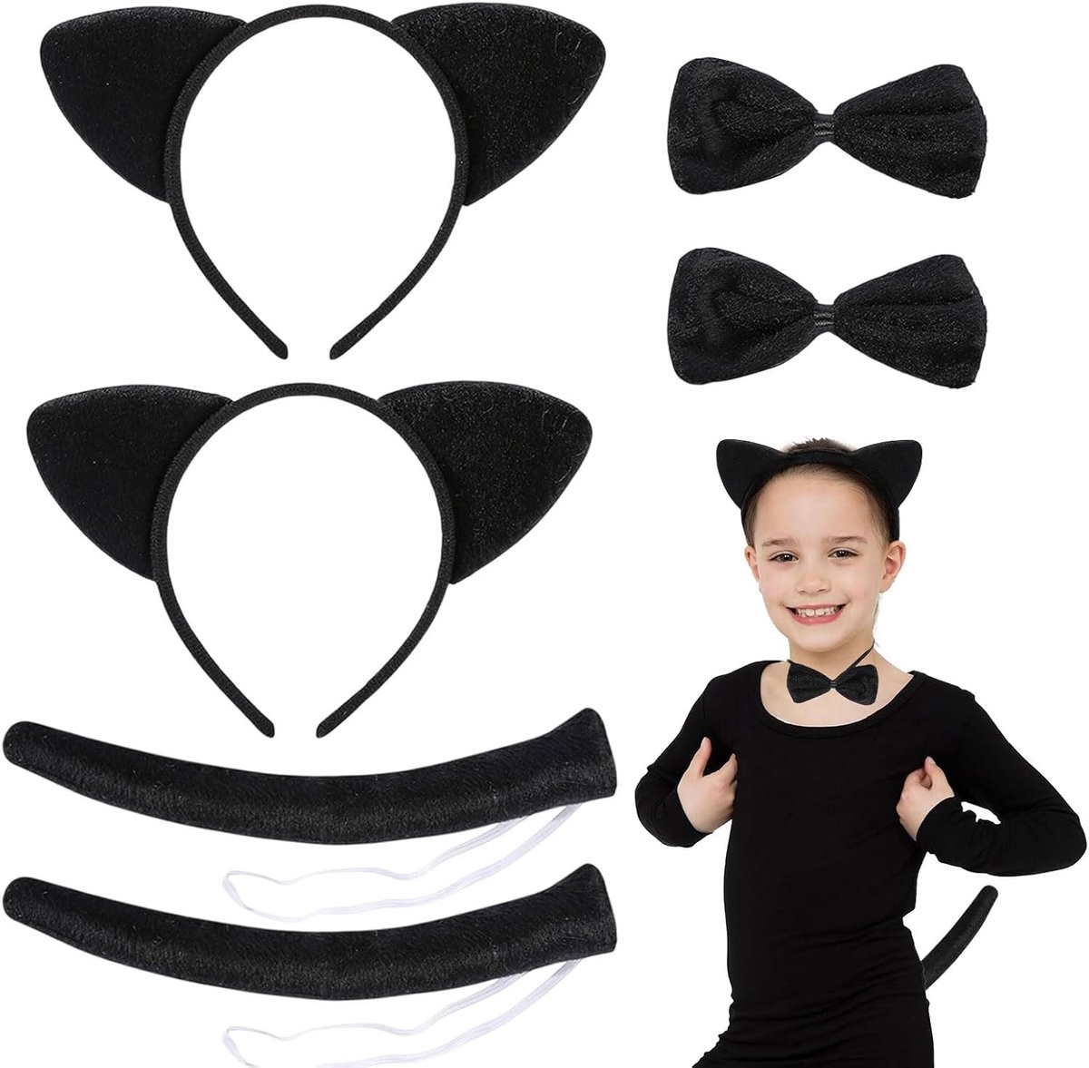 6-delige Kattenoren Hoofdband Set voor Dierenkostuum - Unisex Accessoires voor Feest, Cosplay en Verkleedpartijen met Staart en Strik