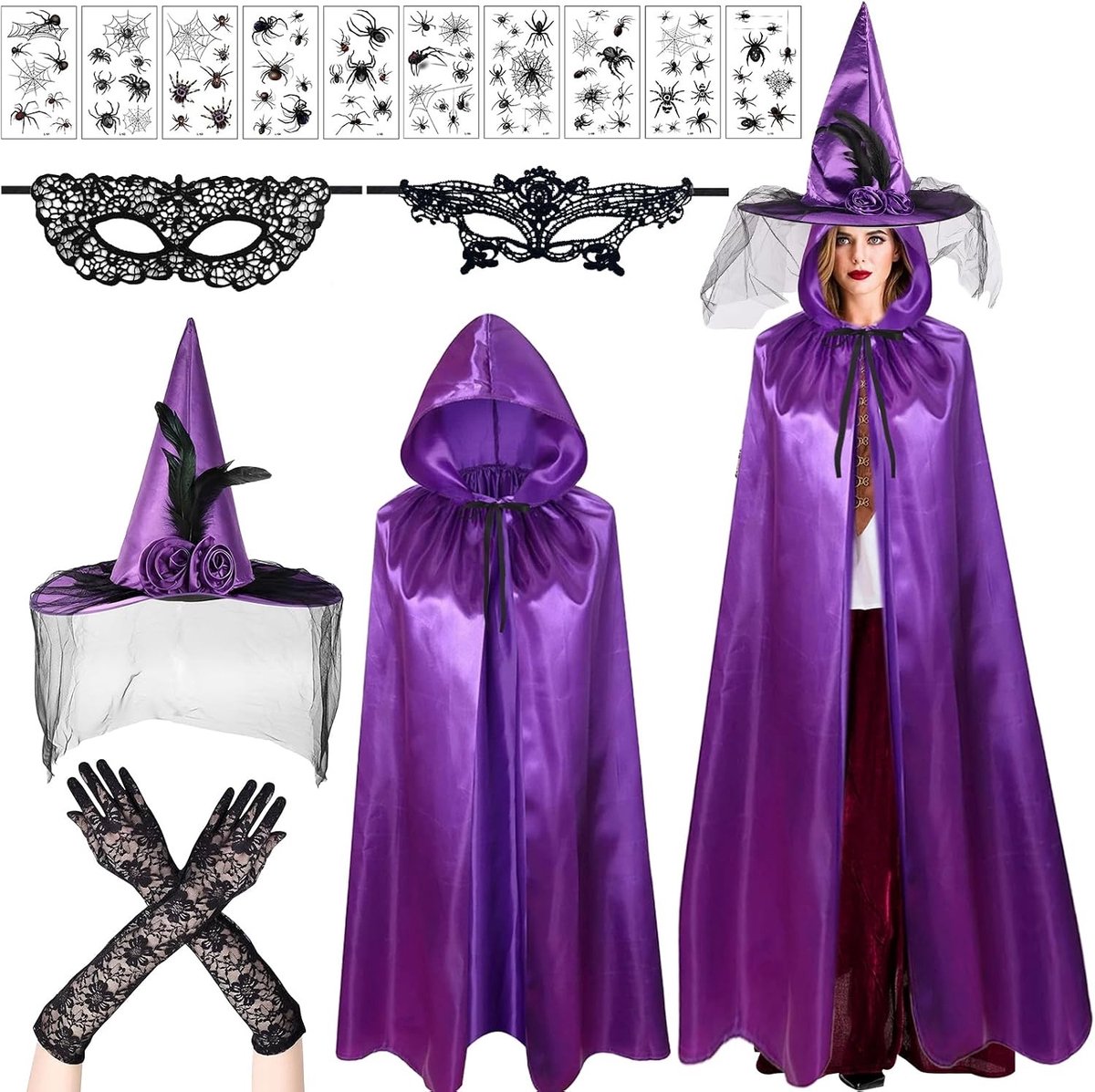 Paarse Cape met Kap en Accessoires voor Vrouwen - Inclusief Handschoenen, Hoed en Middeleeuwse Stijl voor Halloween en Carnavalskostuum
