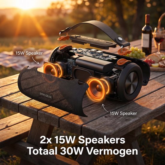 SyncGear Bluetooth Speaker 30W - Draagbare Draadloze Speaker met RGB Lichtshow - FM Radio - IPX6 Waterdicht - Kleur: Zwart van SyncGear — afbeelding 5