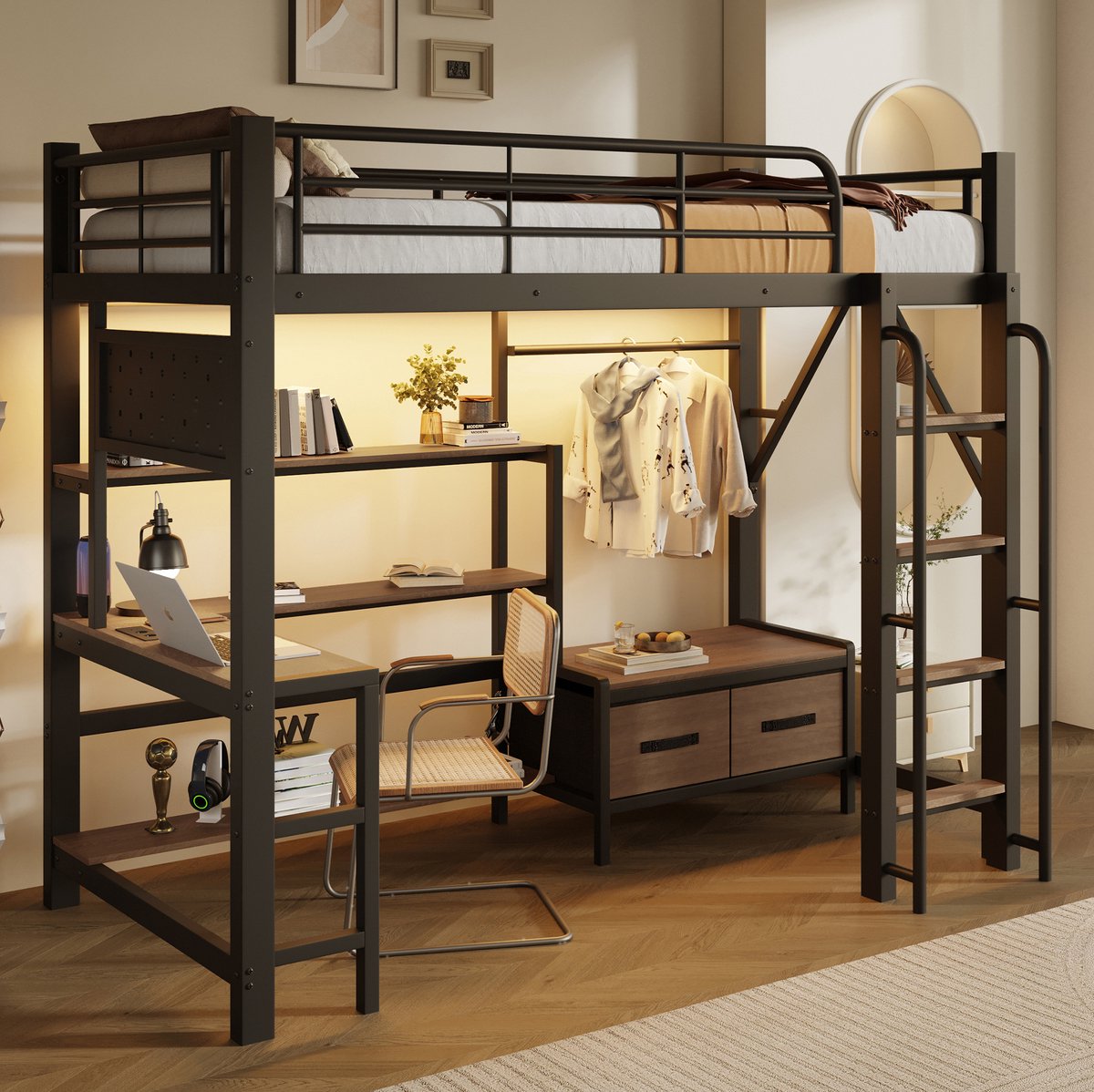 STILVORA Hoogslaper 90x200 cm – Bureau Met LED-Verlichting En USB-Aansluitingen – Opbergruimte – Kinderkamer – Metaal En MDF – Zwart – Zonder Matras