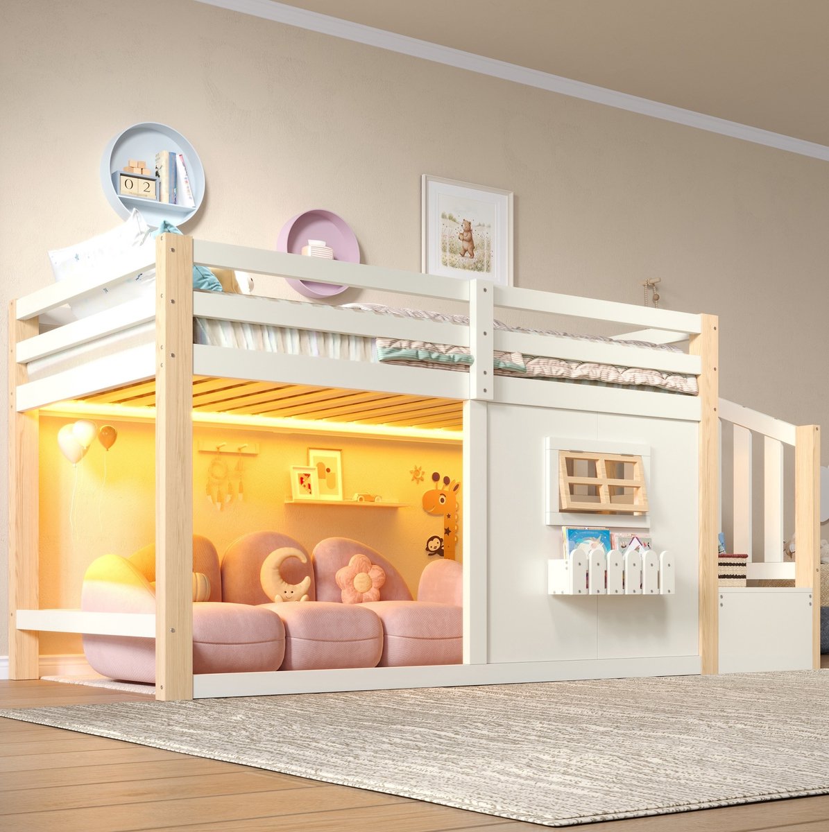 MIVRAY Hoogslaper 90x200 cm - Eenpersoonsbed Zonder Matras Met Opbergtrap En Ledverlichting - Met Valbeveiliging - Hout En MDF - Naturel Wit