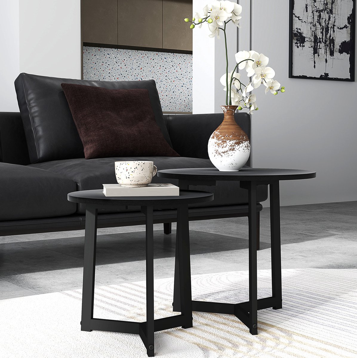 MIVRAY Salontafelset - Twee Ronde Nesttafels Voor Woonkamer - Modern Ontwerp Met Stalen Frame En MDF Tafelblad - Zwart - 48 x 45 Cm