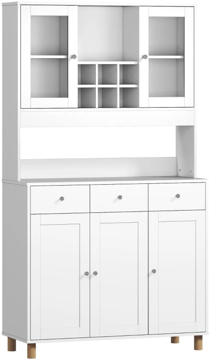 ZYLARO Keukenonderkast - 180 cm - 2 Glazen Deuren - 3 Laden - 4 Verstelbare Planken - Eetkamerkast - Spaanplaat - Wit