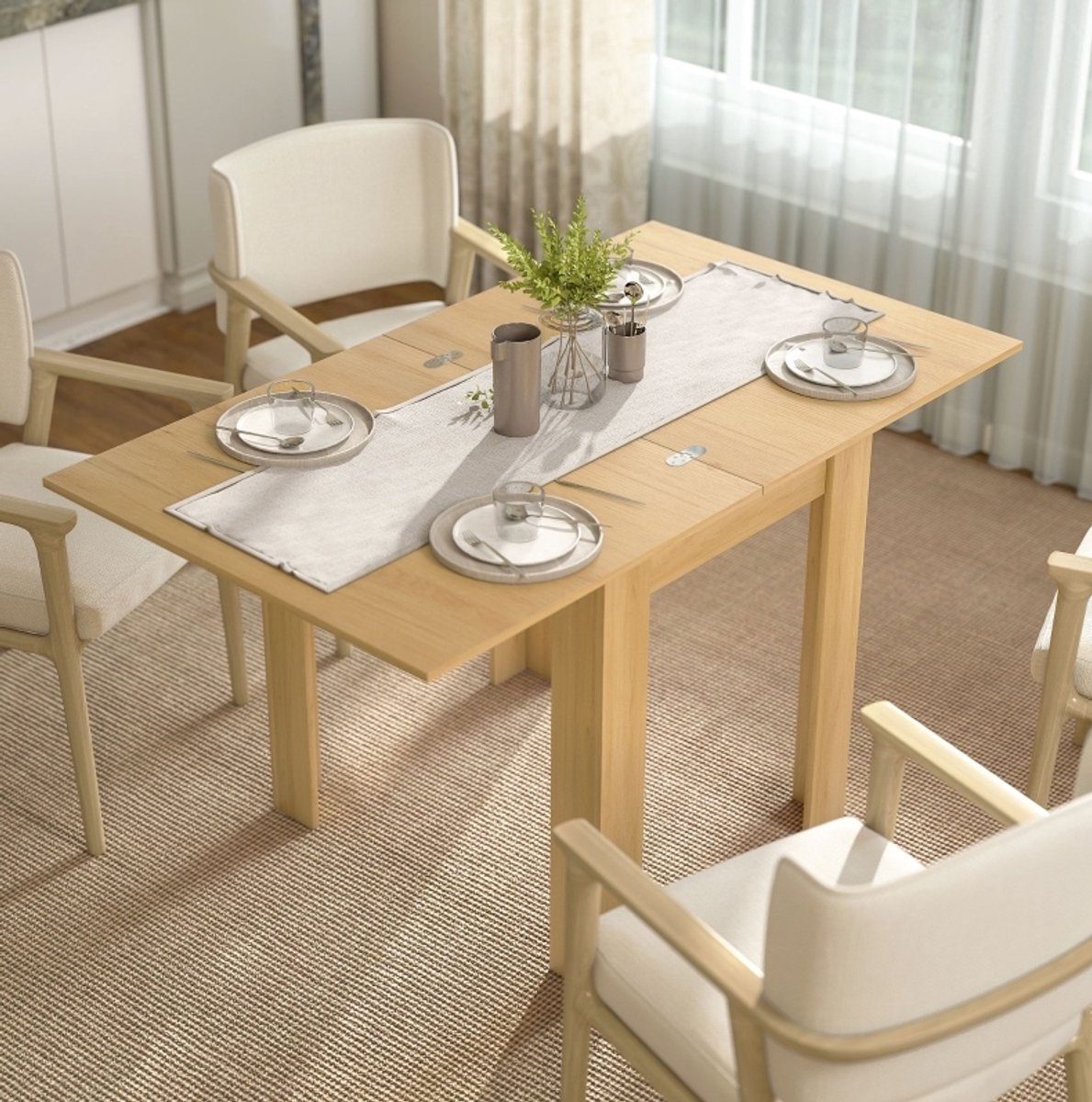 OKWISH Uitschuifbare Eettafel – Uitklapbaar Van 70 Naar 140 cm – Voor 4 Tot 6 Personen – Modern – Houtkleur – 140×80×77,5 cm
