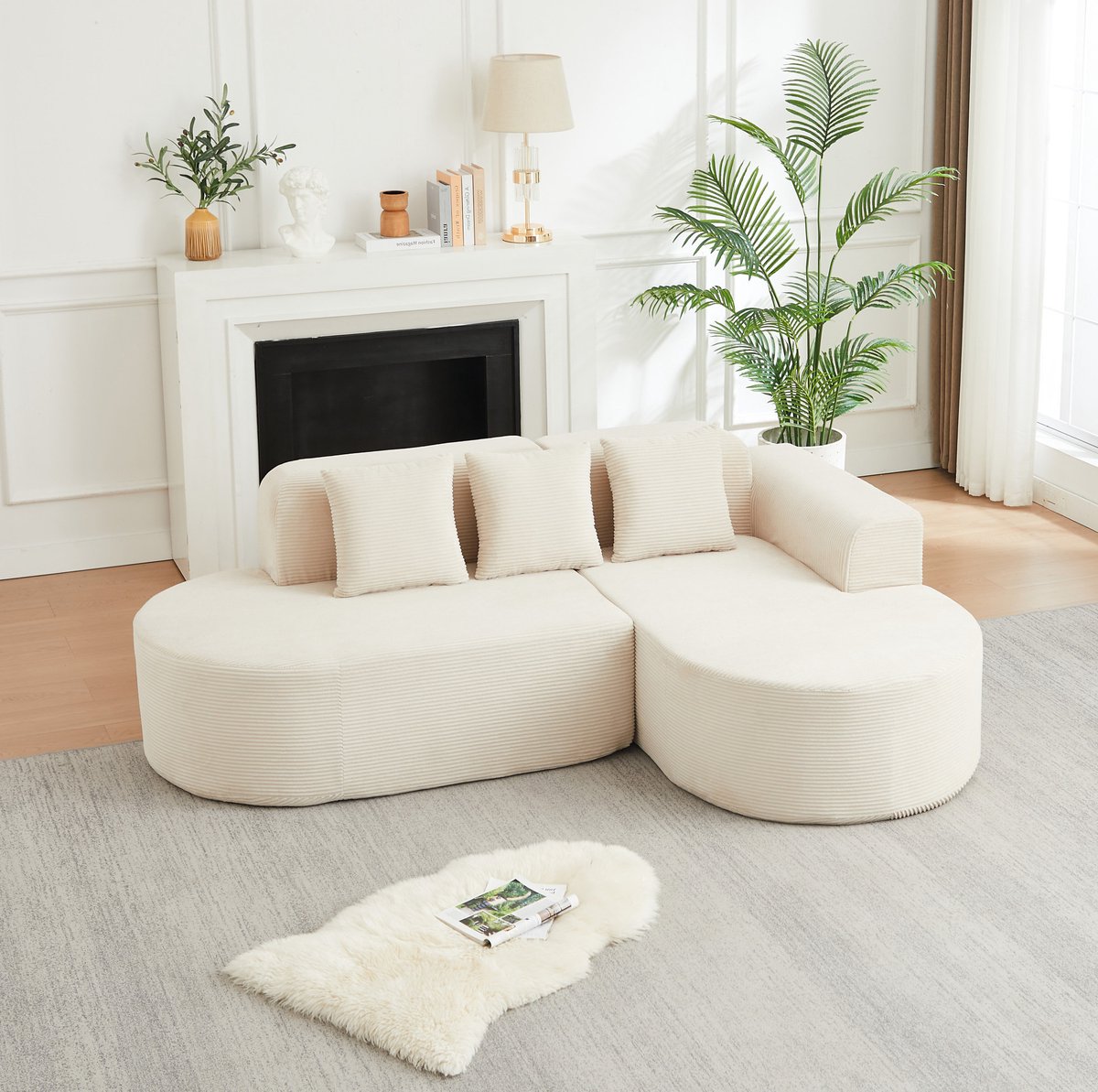 REDOM - Hoekbank - L-vormig modulair ontwerp - Gebogen armleuningen en rugleuningen - 3 kussens - Moderne stijl - Corduroy - Beige - 220 x 155 x 70 cm