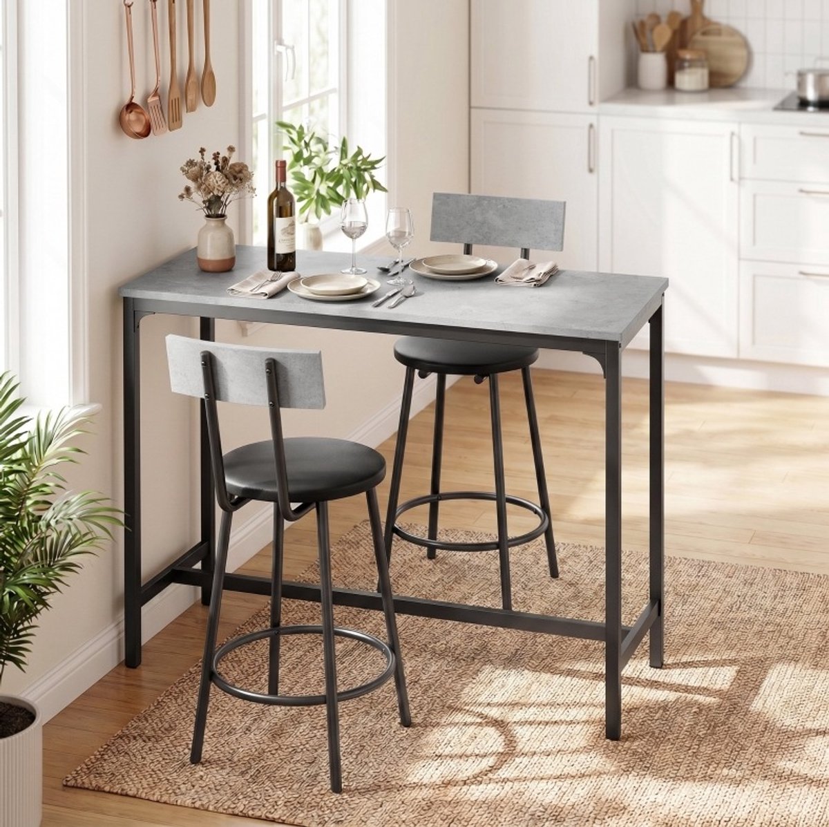 REDOM - Bartafelset met 2 barkrukken - MDF-blad en gelakt metalen frame - Beklede PU-zittingen met rugleuning en voetsteunen - Grijs - 100 x 40 x 90,5 cm
