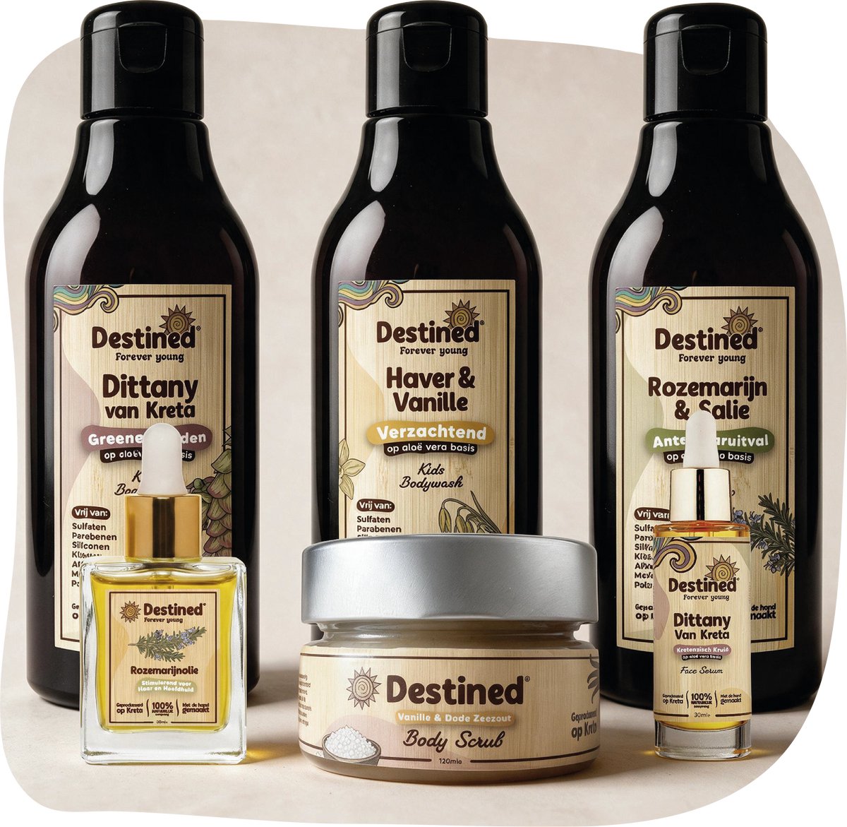 Destined® Flower Power Skincare Discovery Set Klein - Rozemarijn & Dittany Shampoo, Haver & Vanille Bodywash, Bodyscrub, Gezichtsserum & Haarolie - 100% Natuurlijke Afkomst & Handgemaakt in Griekenland - Giftset