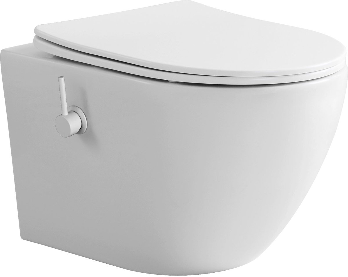 ALONI Pro Hangtoilet met Bidet - Tornado Flush - Randloos - met bidetkraan koud en warm water - met Zitting - 52,5CM - Mat Wit
