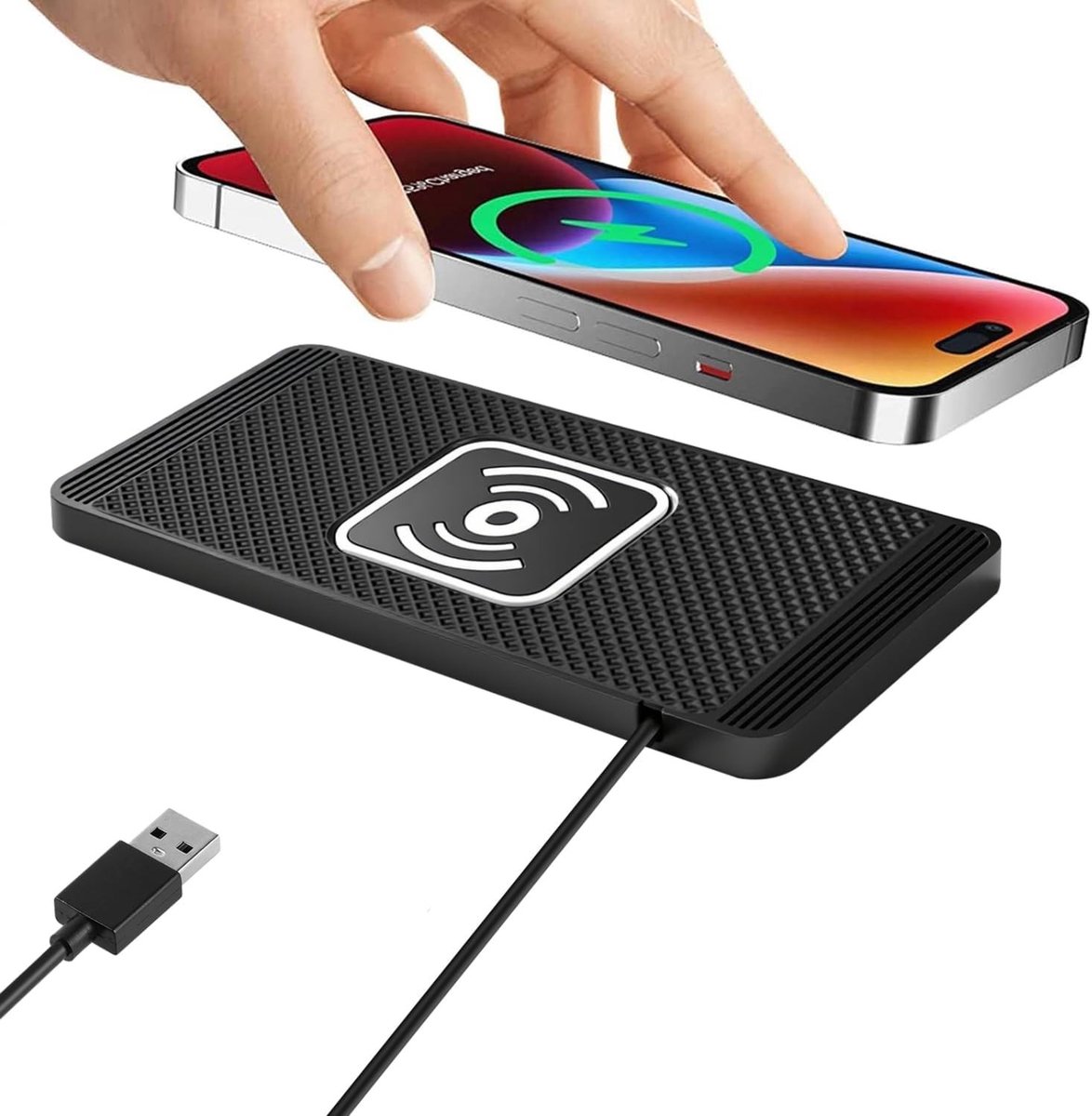 Draadloze Autolader 15W - Antislip Oplaadpad voor Smartphones en Hoofdtelefoons met USB-kabel van 30 cm