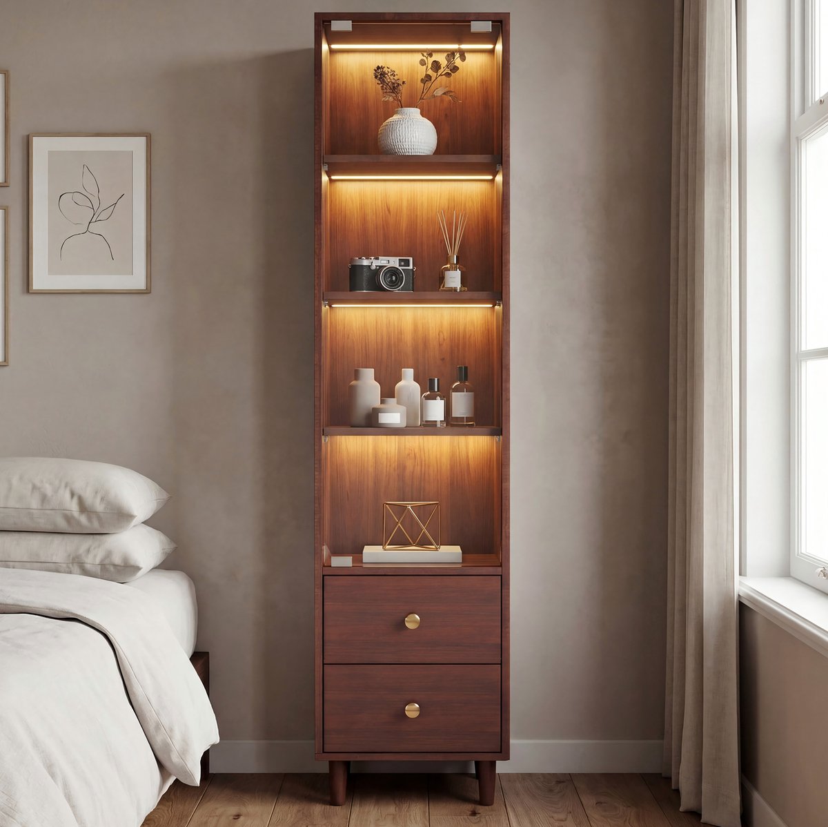 DESMIU Vitrinekast - Hoge Kast Met LED-Verlichting, Glazen Deur En 2 Lades - Voor Woonkamer, Werkkamer Of Eetkamer - MDF - Bruin - 40x35x165 Cm