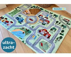 Mats & Joy® Village Auto Speelmat 110x170cm - Fluweelzacht - Anti-slip - Wasbaar - Groot Auto Speeltapijt voor Kinderen - Speelkleed Baby – Autokleed