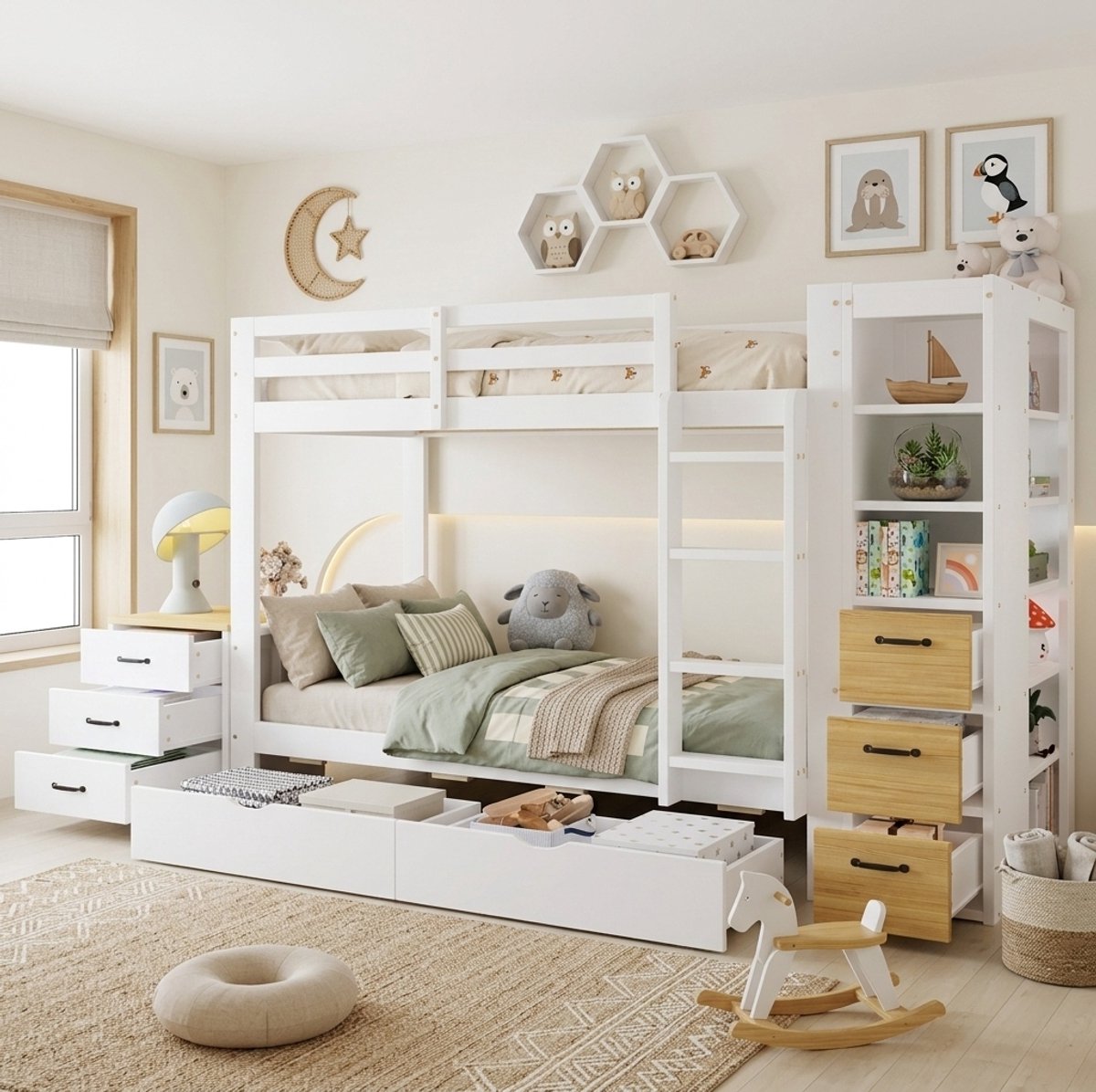 REDOM - Stapelbed met opbergruimte - Twee slaapplaatsen - Bedlades en zijrek - Hout en MDF - Wit en naturel - 239 x 102,5 x 150 cm