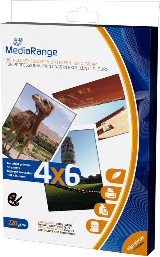 MediaRange high-glossy coated fotopapier, 100 x 150 mm, 220 g/m², 50 vellen.