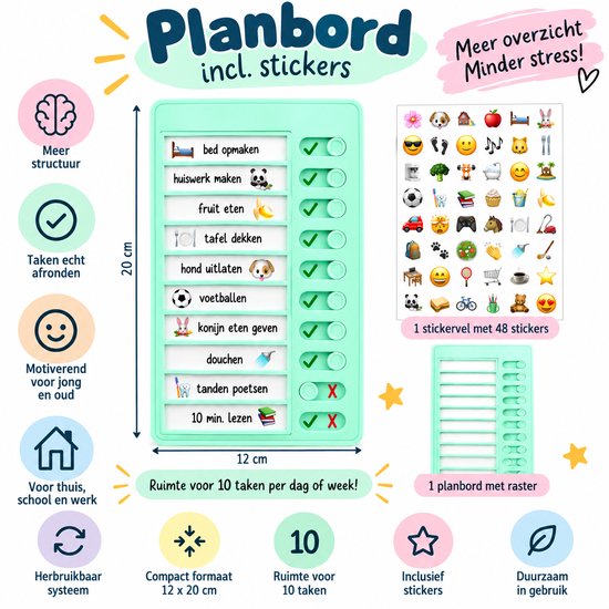 Mintgroen planbord 12x20cm met 10 taken en 48 stickers.