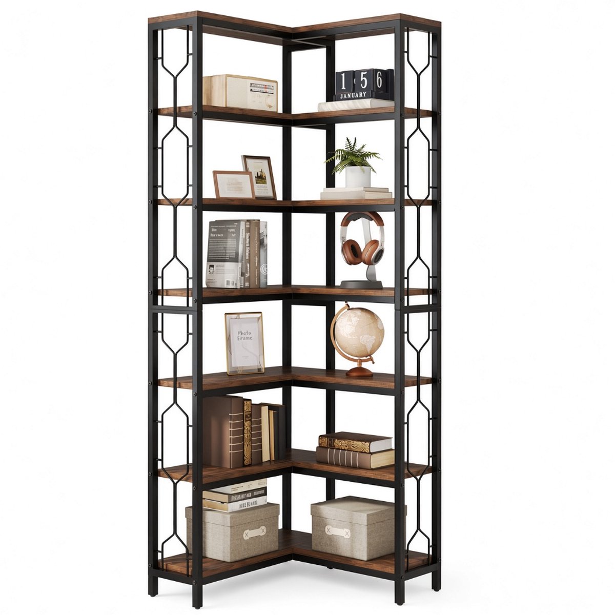 Mura Boekenkast - Opbergkast - Boekenrek - Vakkenkast - Hoekkast - Open Kast - 7 Ruime Etages - Hoek Kast - 200cm - Bruin