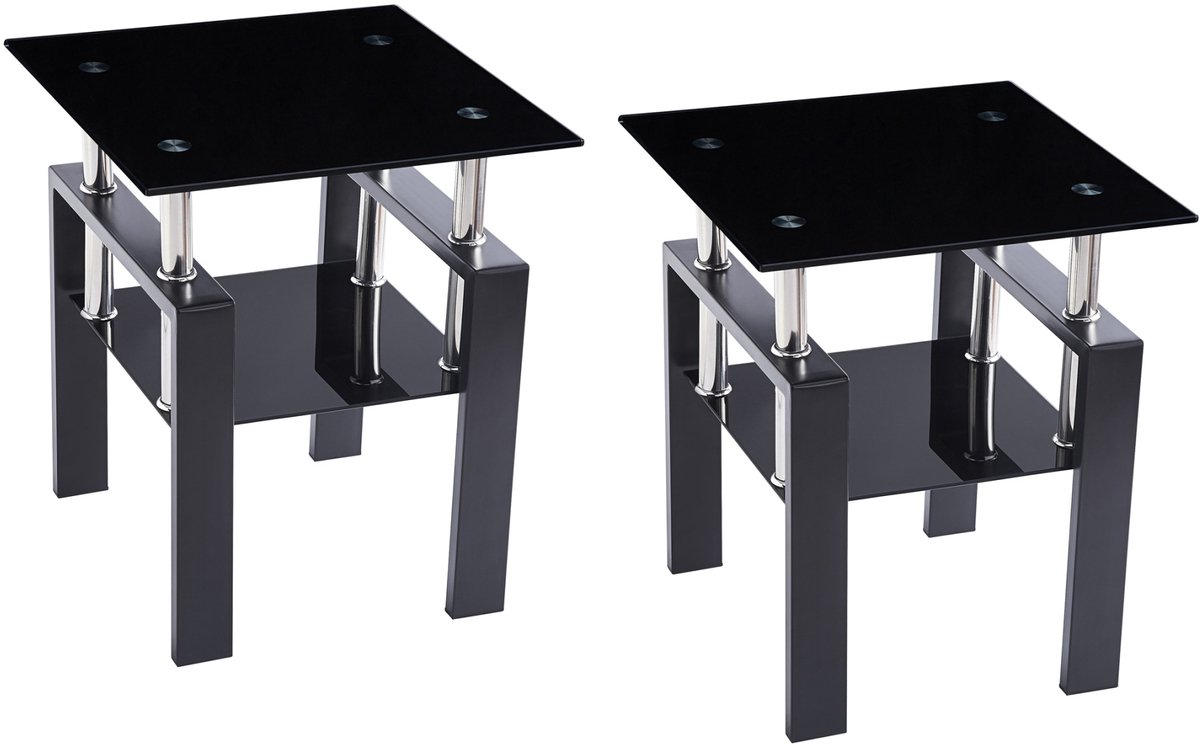 DESMIU Bijzettafel - Set Van 2 Met Gehard Zwart Glas En Metalen Poten - Moderne Tafel Voor Woonkamer, Slaapkamer Of Kantoor - Zwart