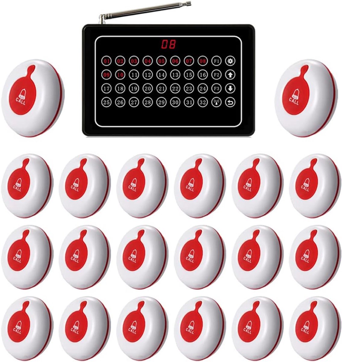 Draadloos Oproepsysteem 1 Display 20 Belknoppen - Verpleegkundige Oproep Systeem - 433.92 MHz Frequentie - Waterdichte Siliconen - Voor Kliniek En Restaurant