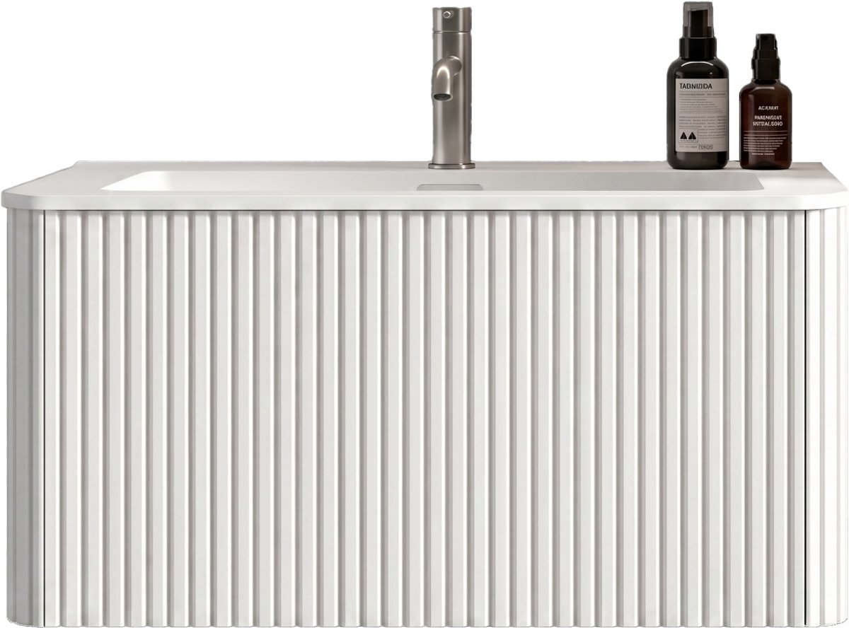 DESMIU Wasmeubel met Wastafel - Wandhangend met Mineraalcomposiet en Drukopening - Voor Kleine Badkamers - MDF - Wit - 80 cm