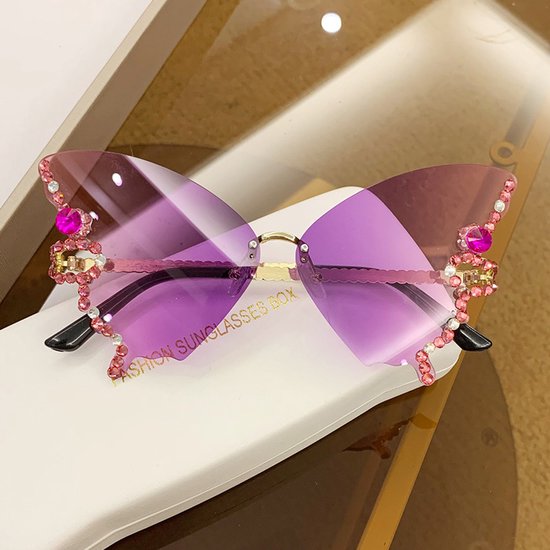 1 paar - Diamanten vlinderzonnebril - Montuurloos ontwerp - Decoratieve spiegels - Zonneklep - 14,3*14,7 cm - Geschikt voor dagelijks gebruik door dames - Paars kleurverloop — afbeelding 2