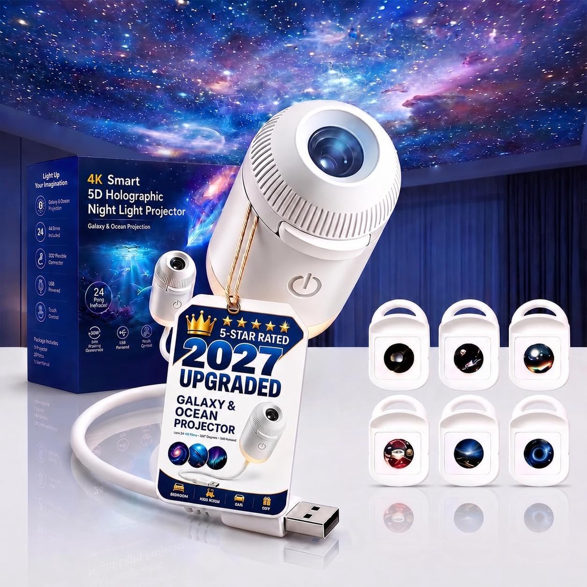 Sterrenprojector met 6 Films - 5D Holografisch & 360° Draaibaar - USB Plug & Play HD - Galaxy & Oceaan Projector - Cadeau voor Kinderen en Volwassenen - Sfeervolle Nachtlamp voor Slaapkamer - SOLLBRY®