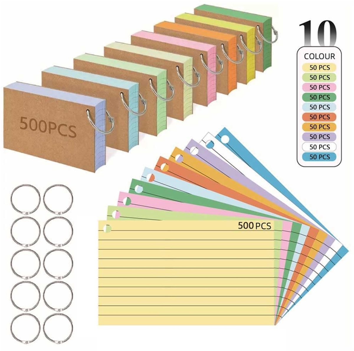 Elzusha - 500 Gelijnde Indexkaarten met Ringbinder en Kraft Papieren Hoezen