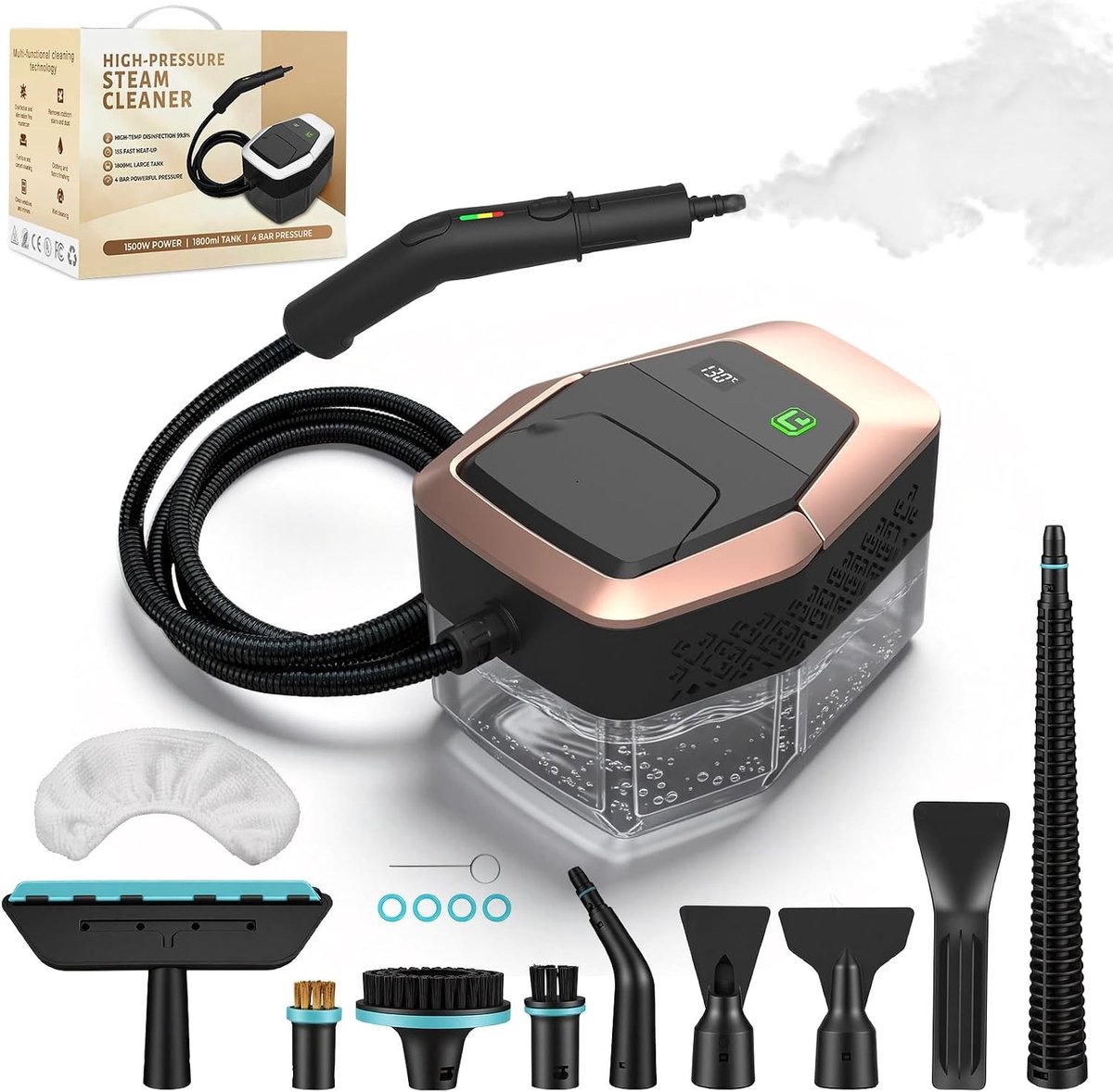 Handstoomreiniger - Roségoud - 1,8 l - Krachtige 1500 W Stoomreiniger met 12 Accessoires - Voor Thuis en Auto