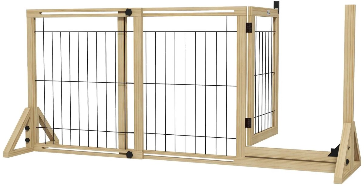 Emvae Hondenhek - met Deur - 2-delig - Verstelbaar Hondenrooster - 112-159 x 44 x 70 cm - Grenenhout en Staal - Naturel