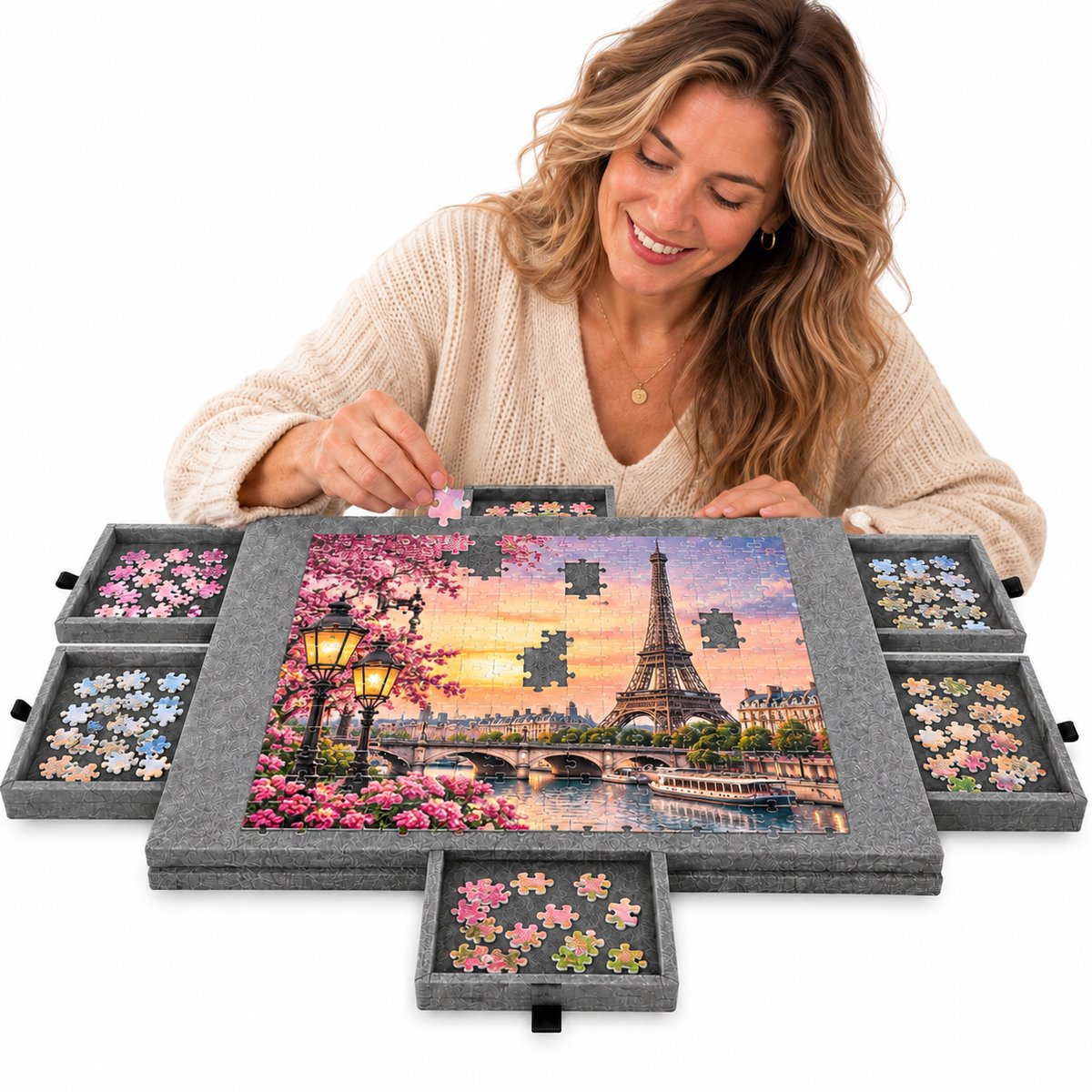 Currero Puzzeltafel Met Lades 1000 Stukjes - Puzzelbord - Puzzelmat - Opbergsysteem - Vilt - Met Deksel - Legpuzzel Accessoires - 1000 Pcs Grijs