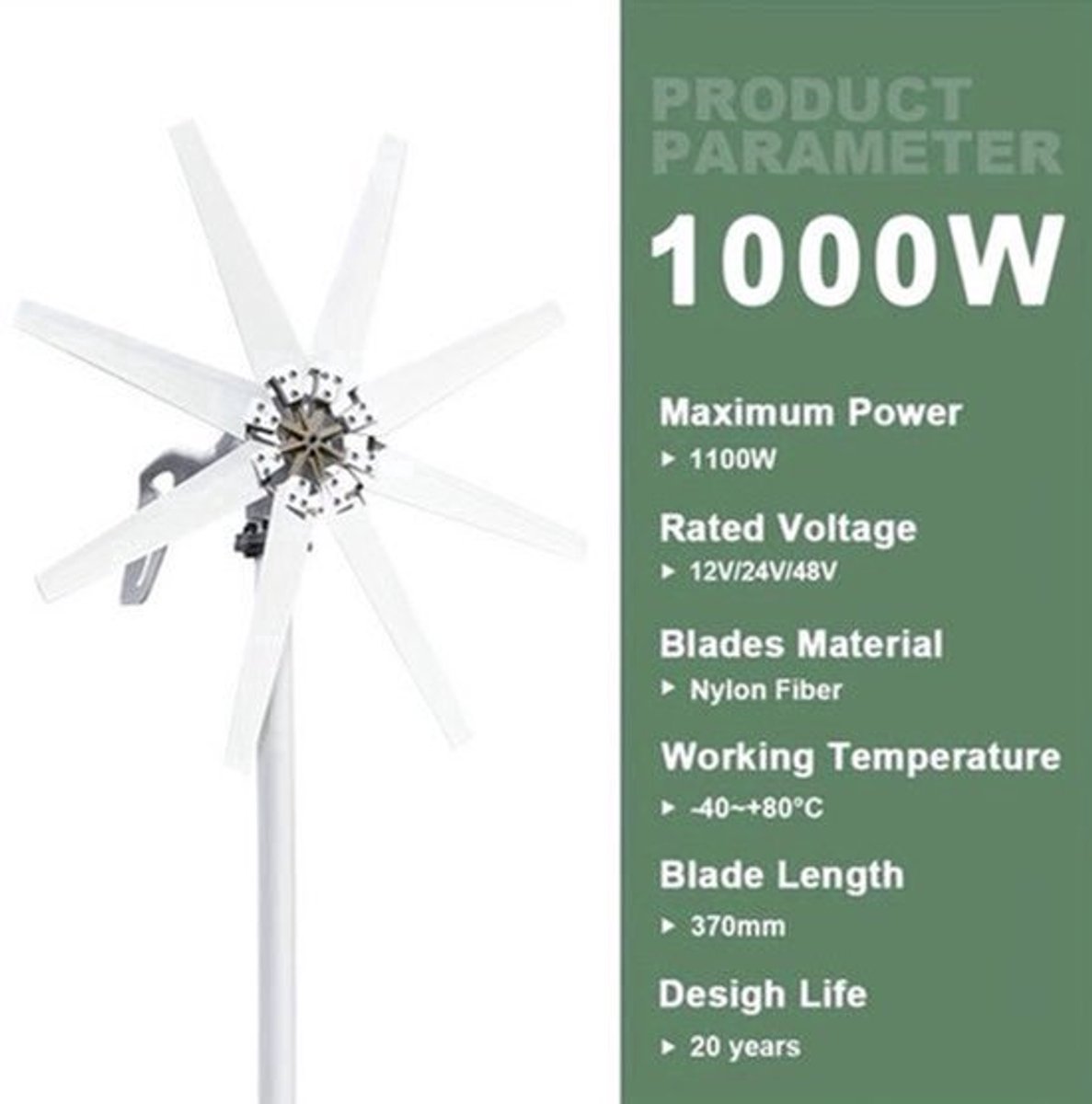 Windturbine – Windmolen – Windenergie Generator – Aerogenerator – Windmolengenerator – 1000W Vermogen – MPPT Controller – Stil en Start bij Lage Windsnelheden