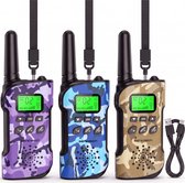 Sencision Walkie Talkie voor Kinderen Oplaadbaar - Portofoon - Walkie Talkie Oplaadbaar - Set van 3 - Tot 5 km Bereik - Zaklamp - SOS Functie - Camo Blauw/Paars/Bruin