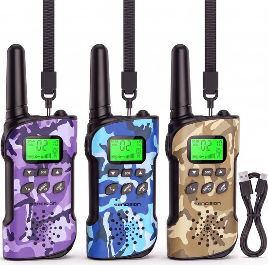Paarse, blauwe en beige camouflage walkietalkies met USB-C kabel op witte achtergrond.