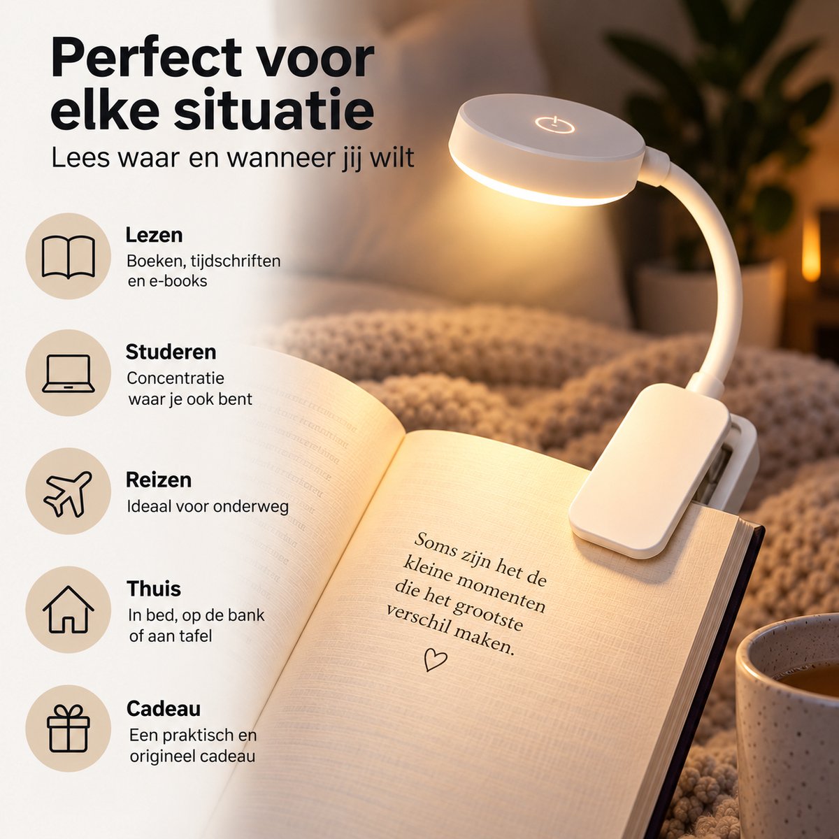 Nina's Giftshop® Leeslampje voor Boek – Boekenlamp met Klem – 3 Lichtstanden – Flexibel – LED Leeslamp – Op Batterijen – Leeslampje Bed — cadeau in Gadgets - foto 6