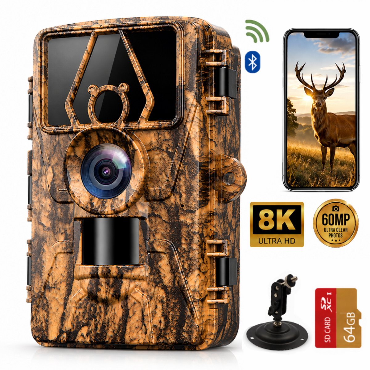 Wildcamera met Wifi App – 8K Ultra HD 60MP – No-Glow Nachtzicht – Incl. 64GB SD-Kaart – IP66 Waterdicht – Trail Camera voor Buiten