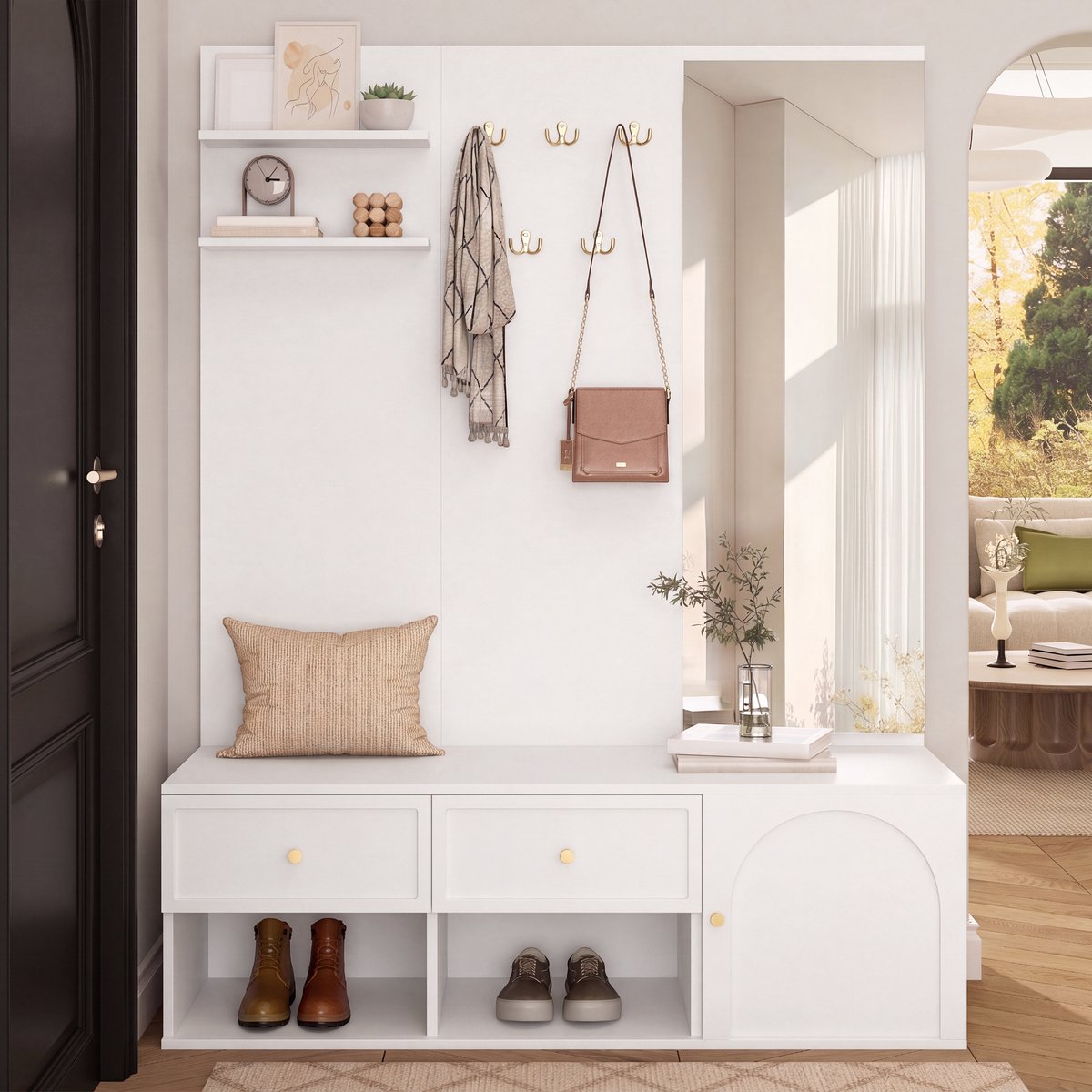 DESMIU Halmeubel - Garderobenset Met Spiegel, Twee Lades En Vijf Haken - Voor Hal En Entree - Spaanplaat - 120x35x159 Cm - Wit