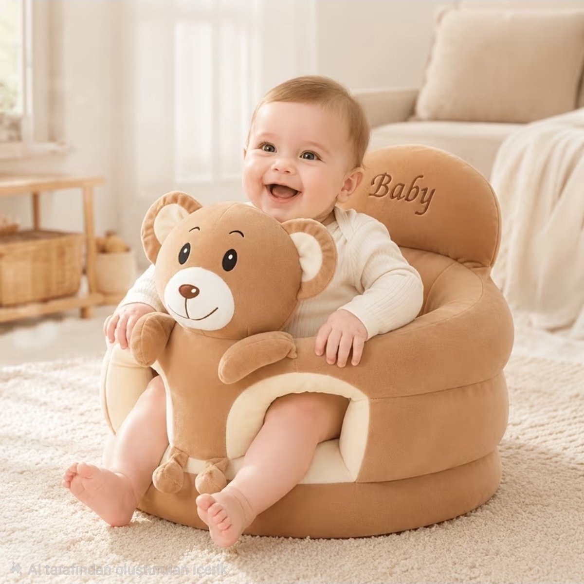 Mogi Products Pluche Babyzitje Beer - Babystoeltje & Ondersteunend Zitkussen - Leren Zitten - Beige / Bruin