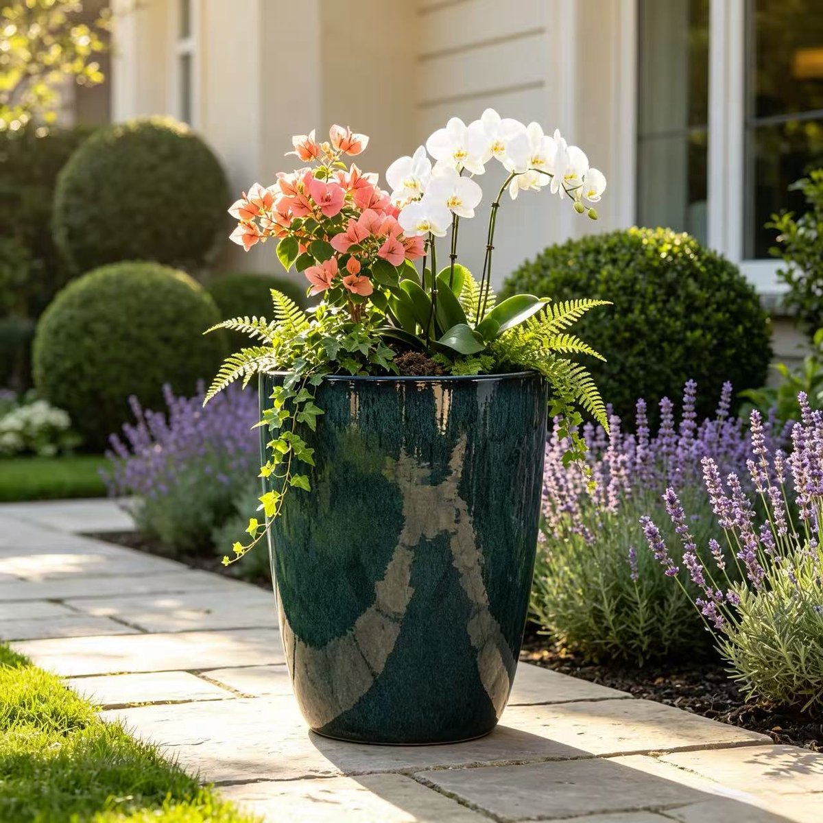 Keramische Bloempot – Ø 38,5 cm, 49,5 cm – Keramiek – Donkergroen – Voor Binnen en Buiten – Drainagegaten