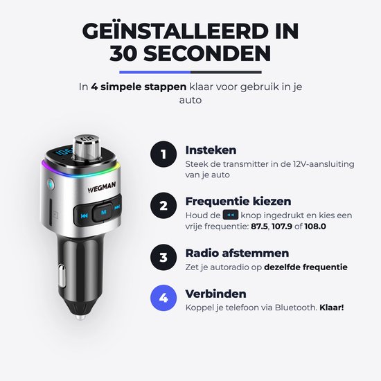 Wegman Bluetooth FM transmitter met USB-poort. Met een digitaal scherm waarop '106' staat, gekleurde LED-verlichting en knoppen met de letters M, K<, en K>.